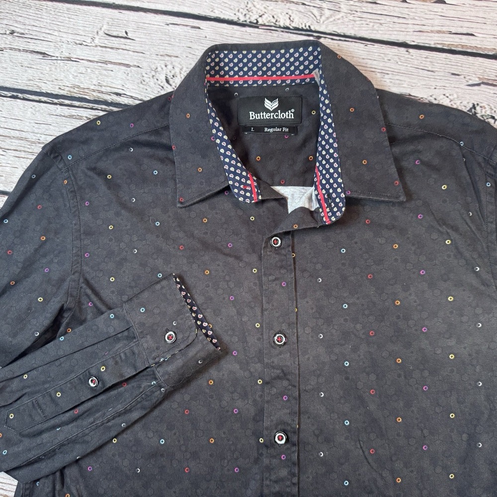 Buttercloth Button Down Black Geometric Circle Pattern Shirt Mens L Regular Fit‎